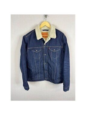 Levis Mens Type 3 Sherpa Trucker Jacket Dark Wash Indigo Denim Large 16365-0075